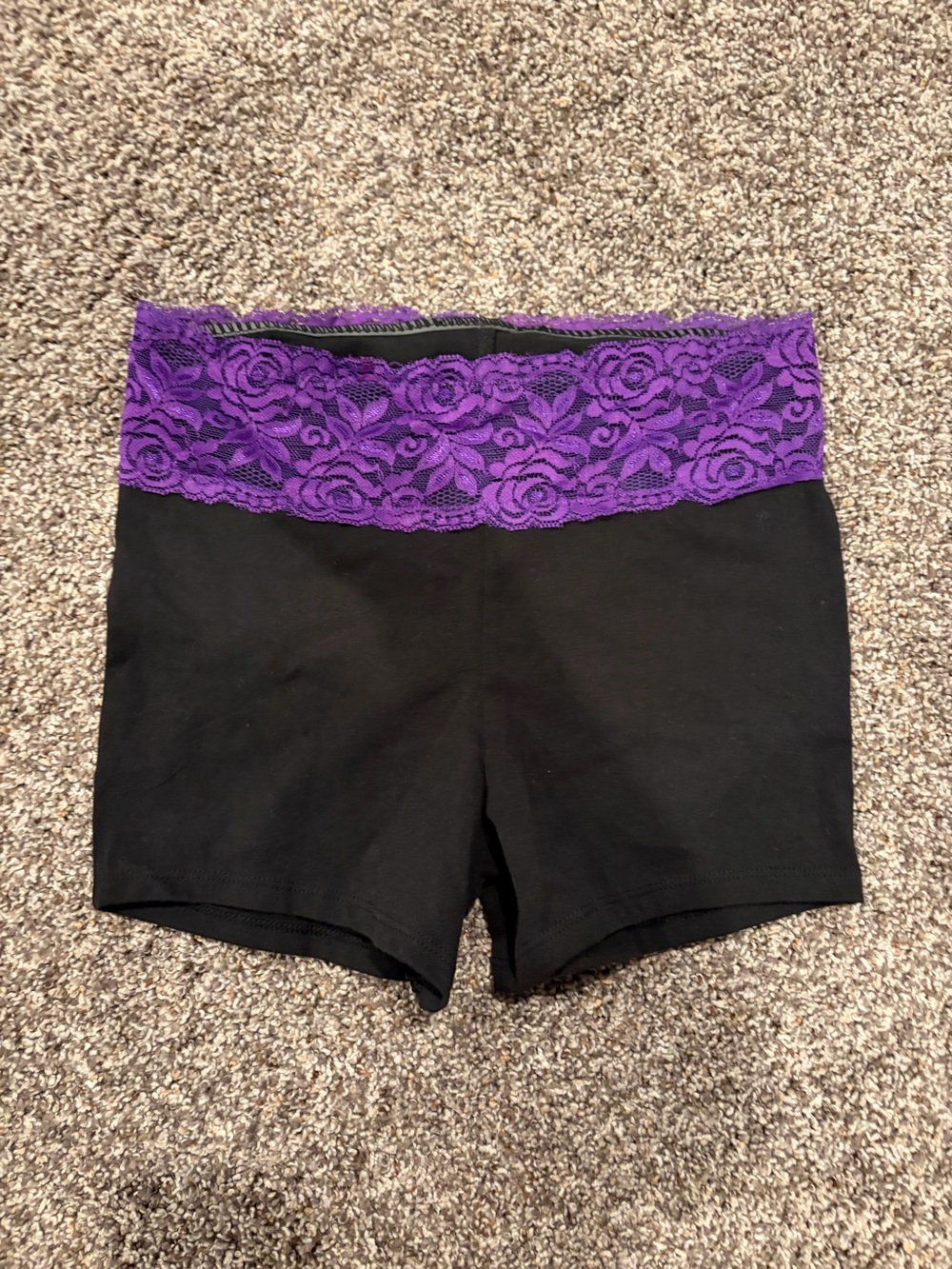 Black Yoga Shorts with Purple Lace Waistband